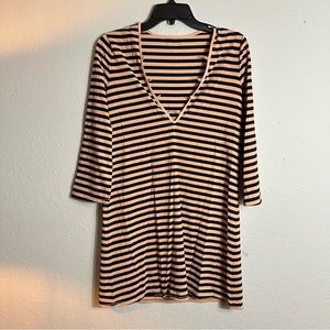Fisico Striped Dramatic V-neck Dress, Cream, Gold & Black, Women’s Size XS